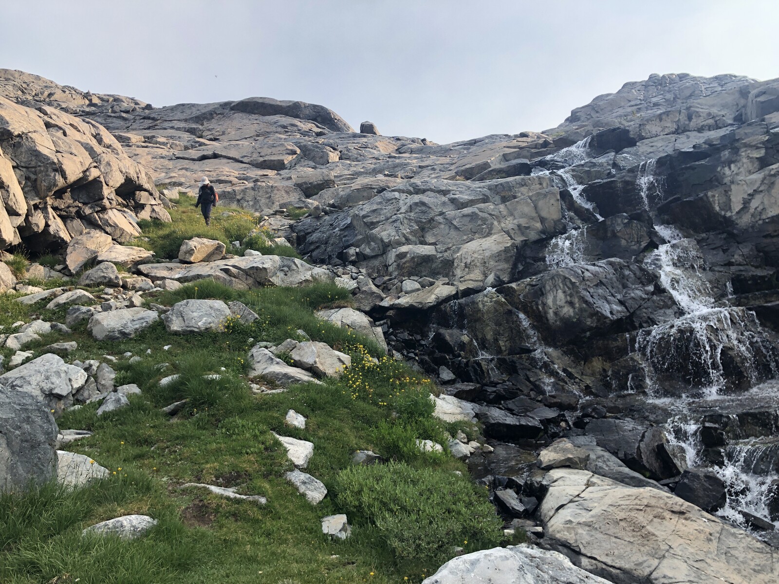 Alpine stream with rocky banks and gentle mountain backdrop