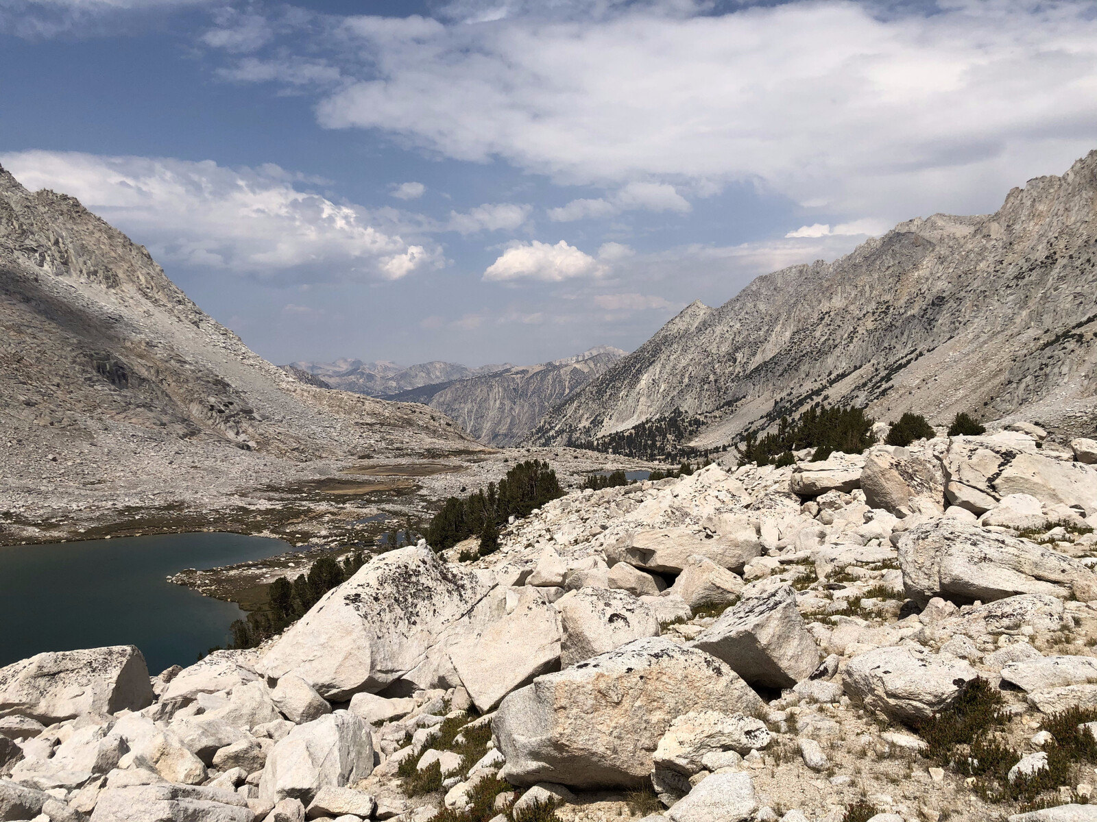 Alpine lake nestled among rocky peaks with surrounding basin